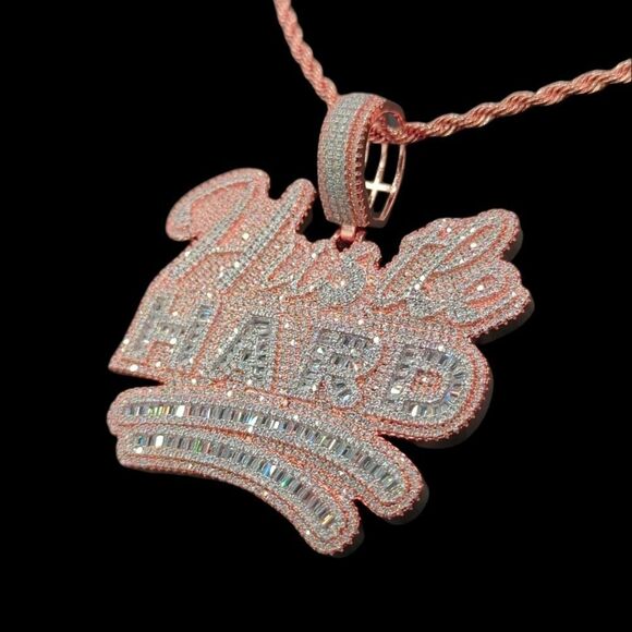 14K Rose Gold Finish Hustle Hard - Free 24inch x 3mm Rope Chain. - Picture 3 of 8